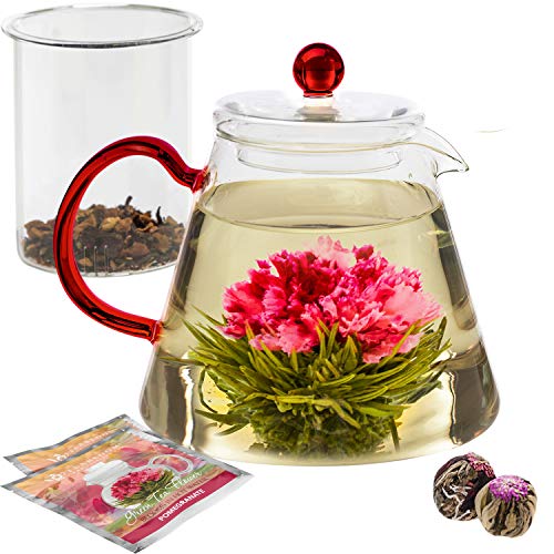 Product Cover Teabloom Amore Glass Teapot Gift Set - Stovetop Safe Glass Teapot with Removable Glass Infuser - 4-6 Tea Cups (34 oz) - Two Blooming Tea Flowers Included