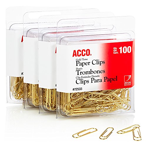 Product Cover ACCO Gold Tone Clips, Smooth Finish, 2 Size, 100/Box, 4-Pack (400 Clips Total) (A7072554)