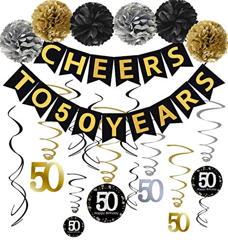 Product Cover 50th Birthday Party Decorations Kit - Gold Glittery Cheers to 50 Years Banner,Poms,12Pcs Sparkling 50 Hanging Swirl for 50th Birthday Decorations 50 Years Old Party Supplies