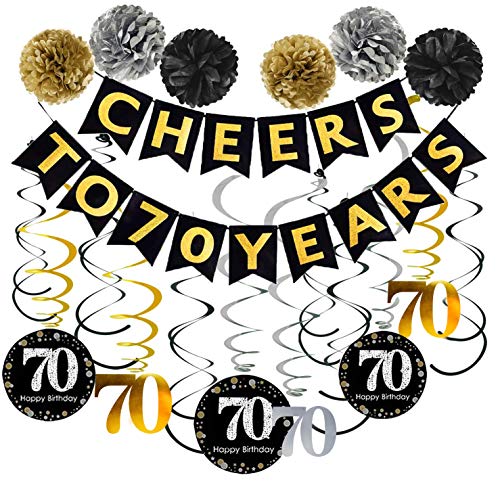 Product Cover 70th Birthday Party Decorations Pack - Cheers to 70 Years Banner,Poms, Sparkling Celebration 70 Hanging Swirls for 70 Years Old Party Supplies 70th Anniversary Decorations
