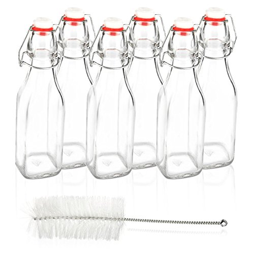 Product Cover Swing Top Square Glass Bottles - 6-Piece Flip Top Leak Proof Water Bottles with Cleaning Brush - Brewing Bottle with Spill Proof Easy Cap Airtight Seal Stopper for Oil Beer Beverage - Clear, 8.4 oz