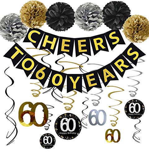 Product Cover 60th Birthday Party Decorations KIT - Cheers to 60 Years Banner, Sparkling Celebration 60 Hanging Swirls, Poms, Perfect 60 Years Old Party Supplies 60th Birthday Decorations