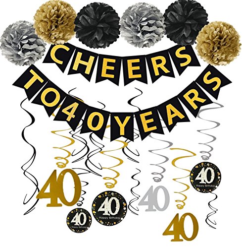 Product Cover Famoby Gold Glittery Cheers to 40 Years Banner with Pom Poms 40th Sparkling Hanging Streamers for 40th Birthday Decorations 40th Birthday Party Decorations Supplies