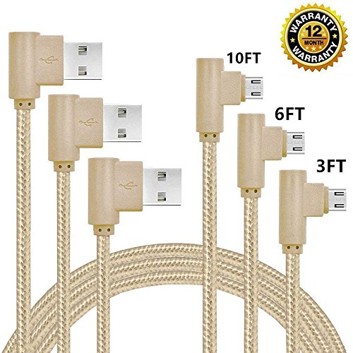 Product Cover Micro USB Cable, CTREEY 90 Degree 3 Pack 3FT 6FT 10FT Long Premium Nylon Braided Android Fast Charger USB to Micro USB Charging Cable for Samsung Galaxy S7 Edge/S6/S5, Note 5/4/3 (Gold)