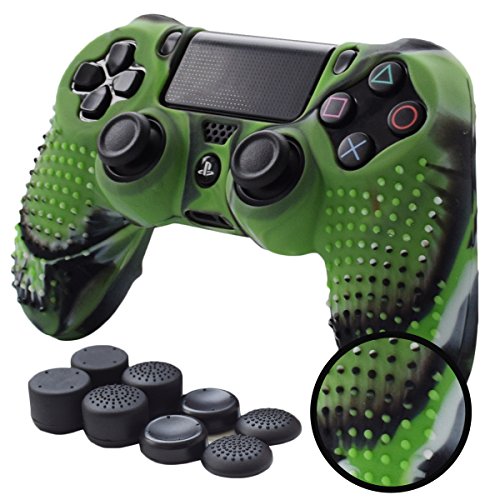Product Cover PS4 Controller Grips,Pandaren Studded Anti-Slip Silicone Cover Skin Set Compatible for PS4 /Slim/PRO Controller(CamouGreen Controller Skin x 1 + FPS PRO Thumb Grips x 8)