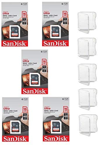 Product Cover 5 Pack - SanDisk Ultra 16GB SD SDHC Memory Flash Card UHS-I Class 10 Read Speed up to 48MB/s 320X SDSDUNB-016G-GN3IN Wholesale Lot + (5 Cases)