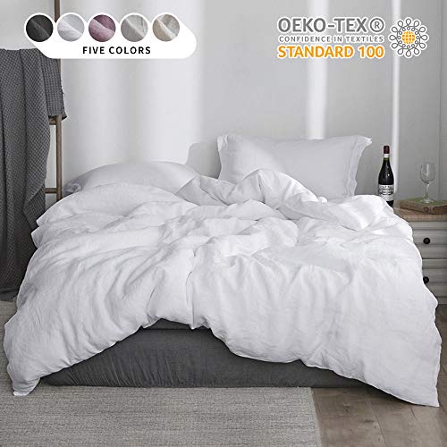 Product Cover Simple&Opulence 100% Linen Stone Washed 3pcs Basic Style Solid Duvet Cover Set (Queen, White)