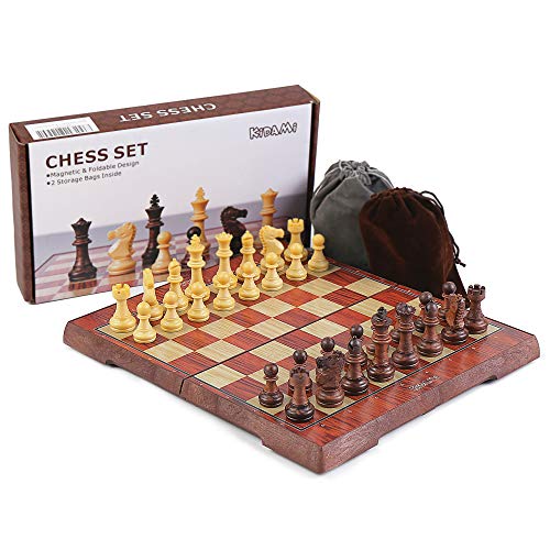 Product Cover KIDAMI Folding Magnetic Travel Chess Set with 2 Portable Bags for Pieces Storage, Lightweight for Easy Carrying (12.4 x 10.6 Inches), Gift for Chess Lovers and Learners