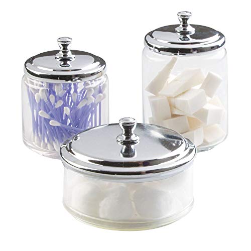 Product Cover mDesign Glass Bathroom Vanity Apothecary Storage Organizer Canister Jar for Cotton Balls, Swabs, Makeup Sponges, Bath Salts, Hair Ties, Jewelry - Set of 3, Varied Sizes - Clear/Chrome