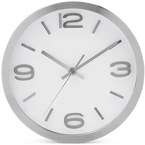 Product Cover Bernhard Products - Wall Clock 10 Inch Modern Silver Round Elegant Metal Quality Quartz, Silent Non Ticking Battery Operated Home Office Clock with 3D Numbers
