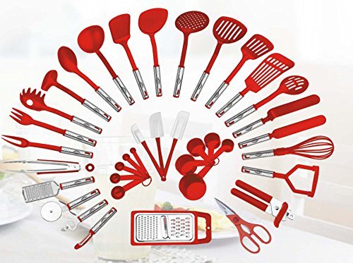 Product Cover 38-piece Kitchen Utensils Set Home Cooking Tools Gadgets Turners Tongs Spatulas Pizza Cutter Whisk Bottle Opener, Graters Peeler, Can Opener, Measuring Cups Spoons (Red)