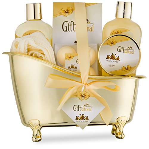 Product Cover Spa Gift Basket with Sensual Rose & Jasmine Fragrance - Best Christmas, Anniversary, Birthday Gift for Women - Spa Gift Set Includes Shower Gel, Bubble Bath, Bath Fizzer, Body Scrub, and Bath Salt