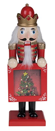 Product Cover Clever Creations Traditional Nutcracker King Collectible Wooden Christmas Nutcracker | Festive Holiday Decor | Red and Gold Uniform | Holding Red Frame with Christmas Tree | 100% Wood | 9
