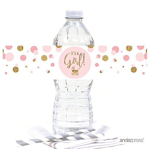Product Cover Andaz Press Blush Pink Gold Glitter Girl Baby Shower Party Collection, Water Bottle Label Stickers, 20-Pack