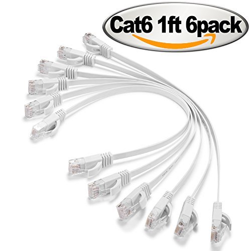 Product Cover Cat 6 Ethernet Cable 1 ft - Flat Solid Internet Network Cable- Short Durable Computer netwokr Cord - Cat6 High Speed RJ45 Patch LAN Wire for Modem, Router, Switch, Server, ADSL, 1 Feet White, 6 Pack