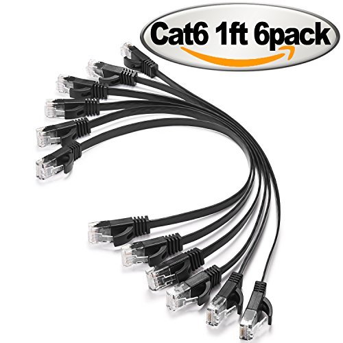 Product Cover Cat 6 Ethernet Cable 1 ft Black - Flat Internet Network Cable- Durable Slim Computer Cord Short - Solid Cat6 High Speed Patch LAN wire with Snagless Rj45 Connectors, faster than Cat5e - 1 Feet, 6 Pack