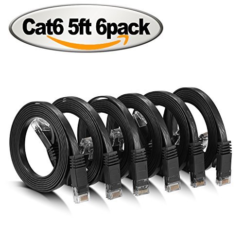 Product Cover Ethernet Cable Cat6 Flat 5 ft Cat 6 Network Patch Cable with Rj45 Connectors - 5 Feet Black (6 Pack)