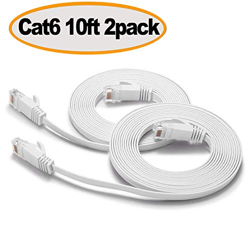 Product Cover Cat 6 Ethernet Cable 10 ft - Flat Internet Network LAN Patch Cord Short - Faster Than CAT5E/Cat5, Slim Cat6 High Speed Computer wire with Snagless RJ45 Connectors for Router, PS4, Xobx- White (2 Pack)