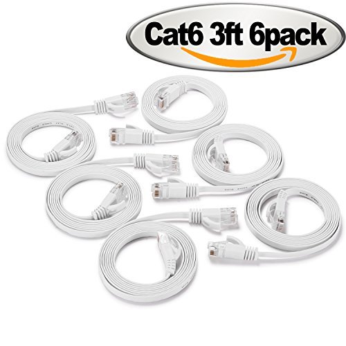 Product Cover Cat 6 Ethernet Cable 3 ft White - Flat Internet Network Cable- Short Cat 6 Computer Patch Cable with Snagless Rj45 Connectors - 3 Feet White (6 Pack)
