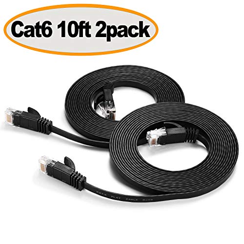 Product Cover Ethernet Cable Cat 6 10 ft, Flat Computer Network Patch Cable, Durable High Speed Internet Wire with RJ45 Connectors for Router, Modem, PS4, Xbox, Faster Than Cat5/Cat5e, 10 Feet Black (2 Pack)