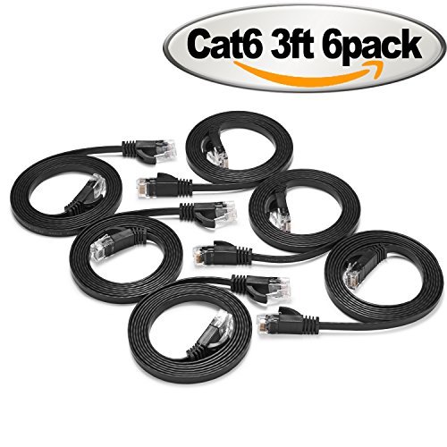 Product Cover Ethernet Cable Cat6 Flat 3 ft Cat 6 Network Patch Cable with Rj45 Connectors - 3 Feet Black (6 Pack)