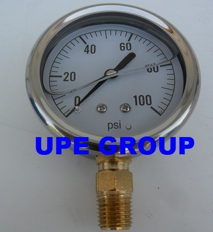 Product Cover NEW STAINLESS STEEL LIQUID FILLED PRESSURE GAUGE WOG WATER OIL GAS 0 to 100 PSI LOWER MOUNT 0-100 PSI 1/4 NPT 2.5 FACE DIAL FOR COMPRESSOR HYDRAULIC AIR TANK