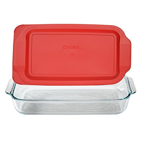 Product Cover Pyrex Basics 3 Quart Glass Oblong Baking Dish with Red Plastic Lid -13.2 INCH x 8.9inch x 2 inch