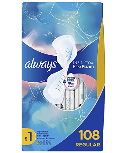 Product Cover Always Infinity Feminine Pads for Women, Size 1, 108 Count, Regular Absorbency, with Wings, Unscented (36 Count, Pack of 3-108 Count Total)