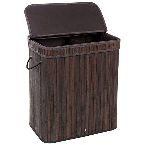Product Cover SONGMICS Divided Bamboo Laundry Basket Double Hamper with Lid Handles and Removable Liner Two-section Dirty Clothes Storage Sorter Rectangular Dark Brown ULCB64B
