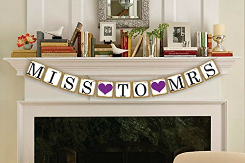 Product Cover Akak Store MISS TO MRS Vintage Wedding Bunting Banner,Bridal Shower and Bachelorette Party Decorations and Photo Props with FREE 8ft Rope(Purple Heart)