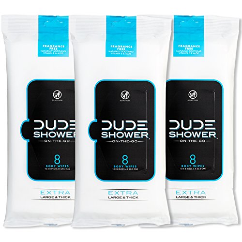 Product Cover DUDE Shower Body Wipes (3 Packs, 8 Wipes Each) Unscented Naturally Soothing Aloe and Hypoallergenic, Portable Travel-Sized Individual Cleansing Cloths for Men