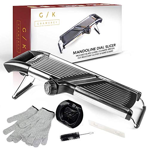 Product Cover Gramercy Kitchen Co. Adjustable Stainless Steel Mandoline Food Slicer - Comes with One Pair Cut-Resistant Gloves || Vegetable Onion Potato Chip French Fry Julienne Slicer