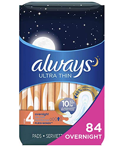 Product Cover Always Ultra Thin Feminine Pads with Wings for Women, Size 4, 84 Count, Overnight Absorbency, Unscented, (28 count, Pack of 3 - 84 Count Total)