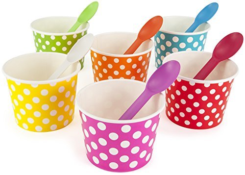 Product Cover Rainbow Paper Polka Dot Ice Cream Cups 12 oz (qty 60) & Matching Plastic Spoons (qty 60) Set (by BrightandBold)