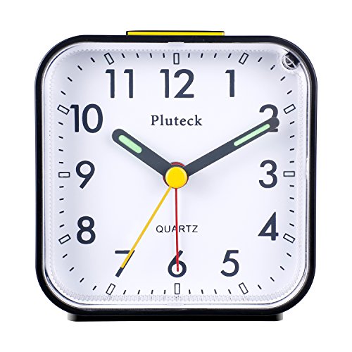 Product Cover Pluteck Non Ticking Analog Alarm Clock with Nightlight and Snooze/Ascending Sound Alarm/Simple to Set Clocks, Battery Powered, Small, Black