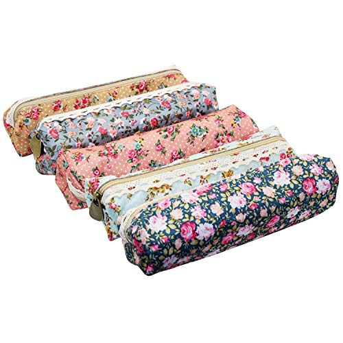 Product Cover LJY 5-Pack Assorted Flower Floral Canvas Pen Holder Stationery Pencil Pouch Cosmetic Bags