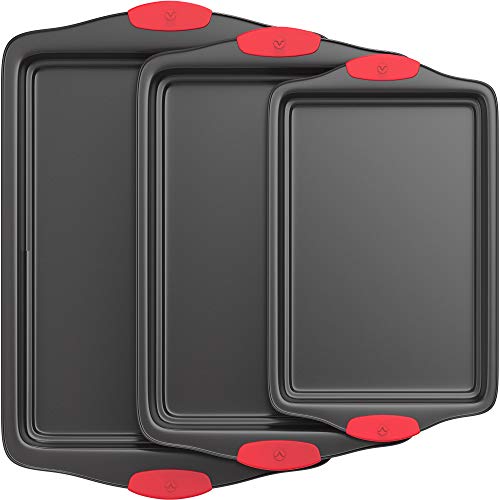 Product Cover Vremi 3 Piece Nonstick Baking Sheets Set - Professional Non Stick Oven Tray Set for Baking - Non-Toxic Rimmed Carbon Steel Baking Pans Cookie Sheets with Wide BPA Free Red Silicone Handles