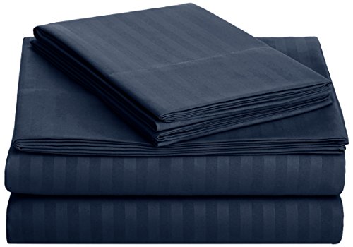 Product Cover AmazonBasics Deluxe Striped Microfiber Bed Sheet Set - Queen, Navy Blue