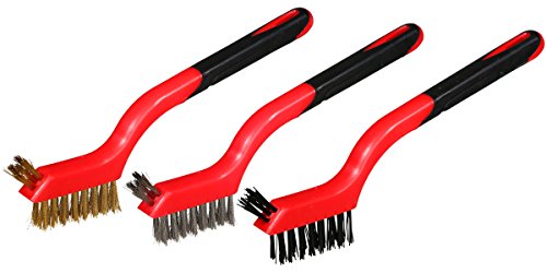 Product Cover Mini Detailing Wire Brush Set, Heavy Duty, Crimped Scratch Brush, Brass, Stainless Steel, Nylon, Extra Cluster of Bristles for use in hard-to-reach areas, curved rubber handle, length 7-Inch, 3-Piece.