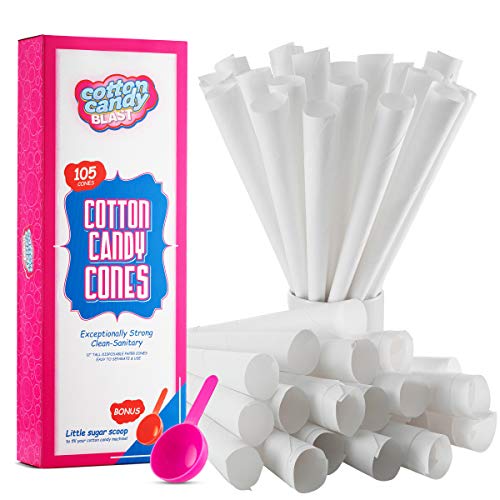 Product Cover Cotton Candy Cones with Bonus Little Sugar Scoop For Easy Pouring, 105 Cotton Candy Paper Cones, White