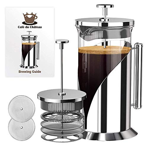 Product Cover French Press Coffee Maker (34 Ounce) with 4 Level Filtration System - 304 Grade Stainless Steel - Heat Resistant Borosilicate Glass by Cafe Du Chateau