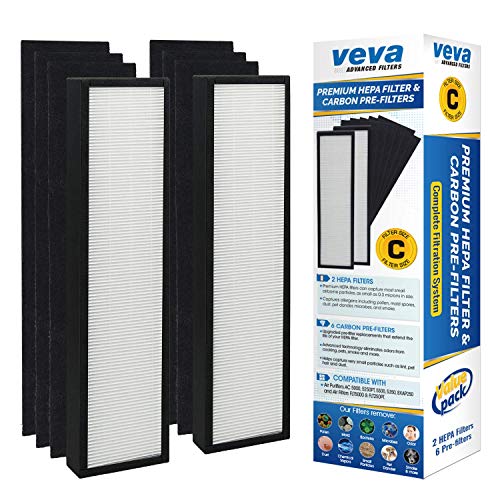 Product Cover VEVA Premium HEPA Replacement Filter 2 Pack Including 6 Carbon Pre Filters Compatible with Air Purifier AC5000 Series and Filter C