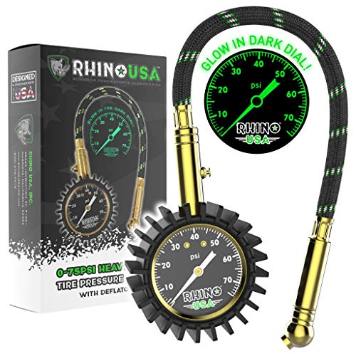 Product Cover Rhino USA Heavy Duty Tire Pressure Gauge (0-75 PSI) - Certified ANSI B40.1 Accurate, Large 2 inch Easy Read Glow Dial, Premium Braided Hose, Solid Brass Hardware, Best for Any Car, Truck, Motorcycle