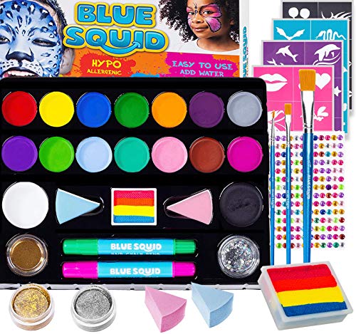 Product Cover Face Paint Kit for Kids - Jumbo Stencils, 17 Large Paints, Rainbow Cake, 168 Gems, 2 Hair Chalks 3 Brushes 2 Glitter Professional Quality Body Painting Set Halloween Makeup Skin Safe (1 Pack)