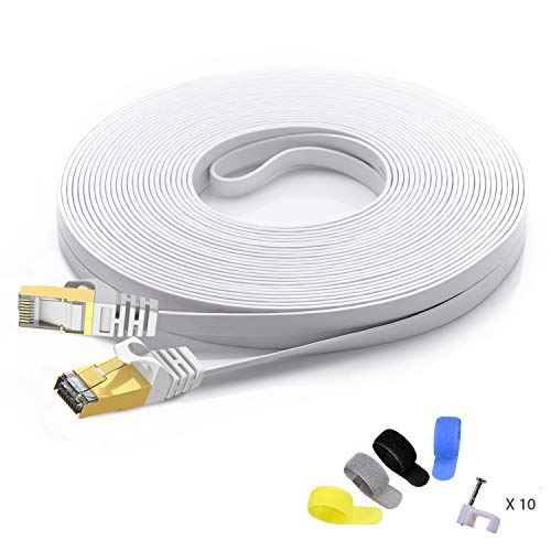 Product Cover Cat 7 Shielded Ethernet Patch Cable 50 ft White (Highest Speed Cable) Cat7 Flat Internet Network Cable with Snagless RJ45 Connector for Modem, Router, LAN, Computer + Free Cable Clips and Straps