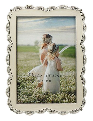 Product Cover L&T Ivory White Enamel Picture Frame Metal with Silver Plated and Crystals, Charming 3.5x5 Tabletop Photo Frame