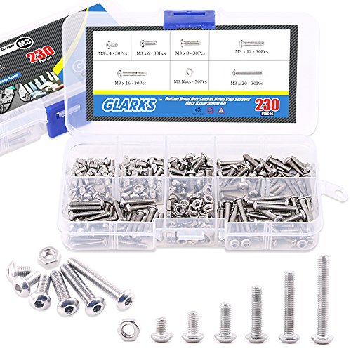 Product Cover Glarks 230Pcs M3 Stainless Steel Allen Hex Drive Button Head Socket Cap Bolts Screws Nuts Assortment Kit (M3)