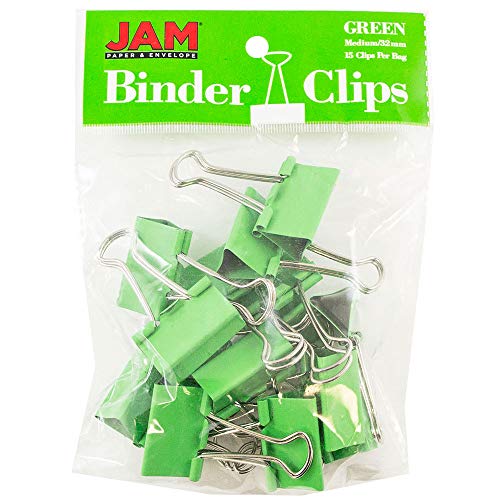 Product Cover JAM PAPER Colorful Binder Clips - Medium - 1 1/4 Inch (32 mm) - Green Binderclips - 15/Pack