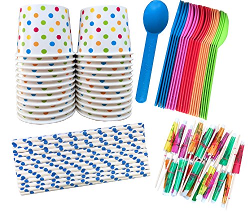 Product Cover Ice Cream Sundae Kit - 12 Ounce Polka Dot Paper Treat Cups -Heavyweight Plastic Spoons - Paper Straws - Paper Umbrellas - 24 Each - Blue, Pink, Orange, Yellow, Green