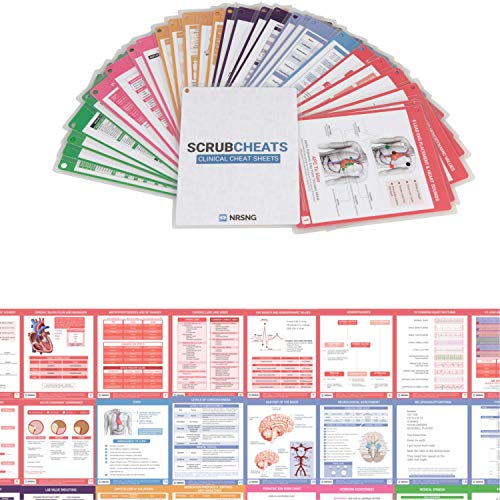 Product Cover Scrubcheats 56 Heavy Duty Laminated Nursing Reference Cards by NRSNG (4X6 Fits in Scrub Pocket) (MedSurg, Critical Care, Pharmacology, OB/Peds, Respiratory, Cardiac) Waterproof, Splash Proof